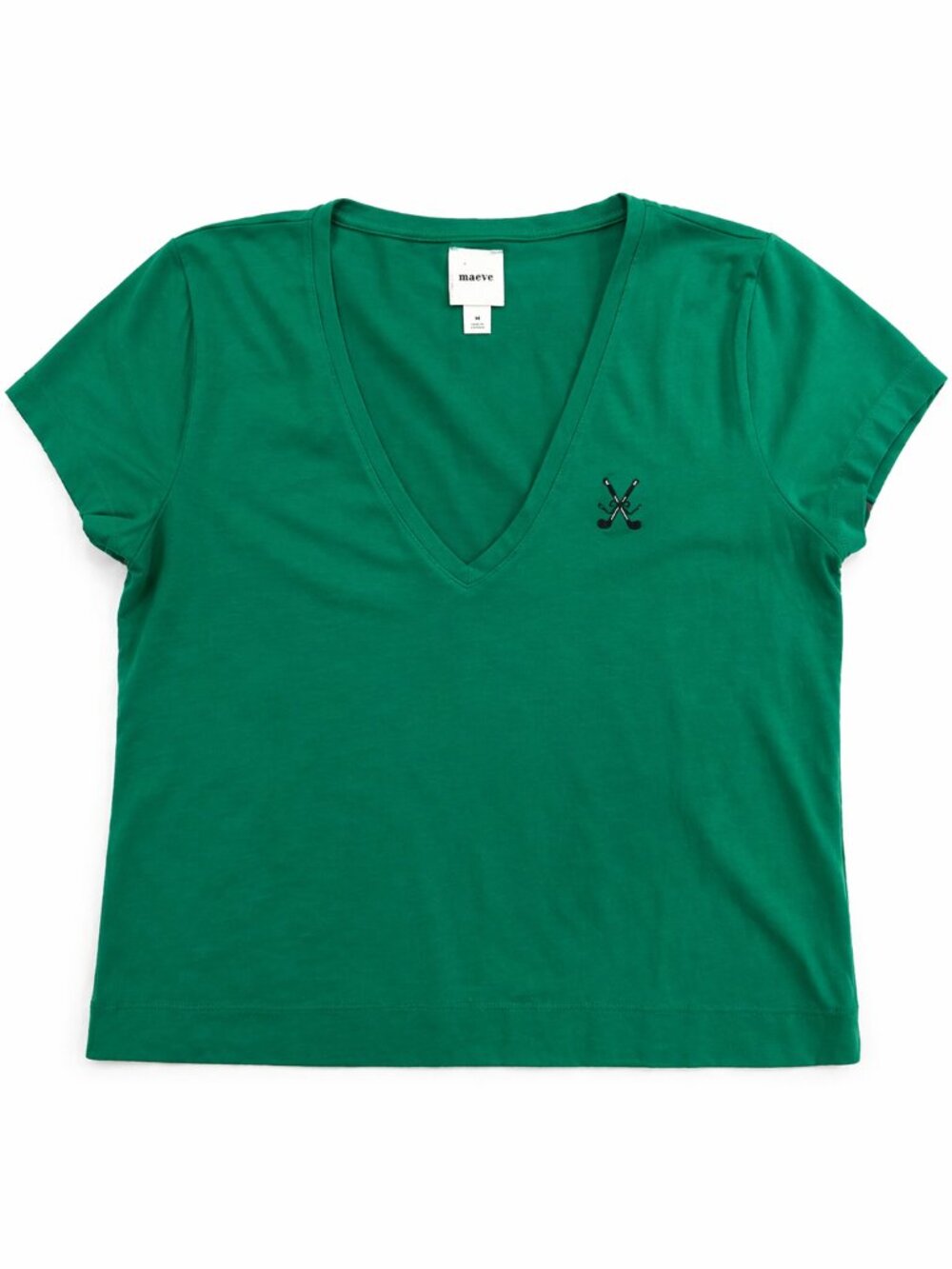 Maeve Anthropologie Green V-Neck Tee Medium Embroidered Detail Basic Top
